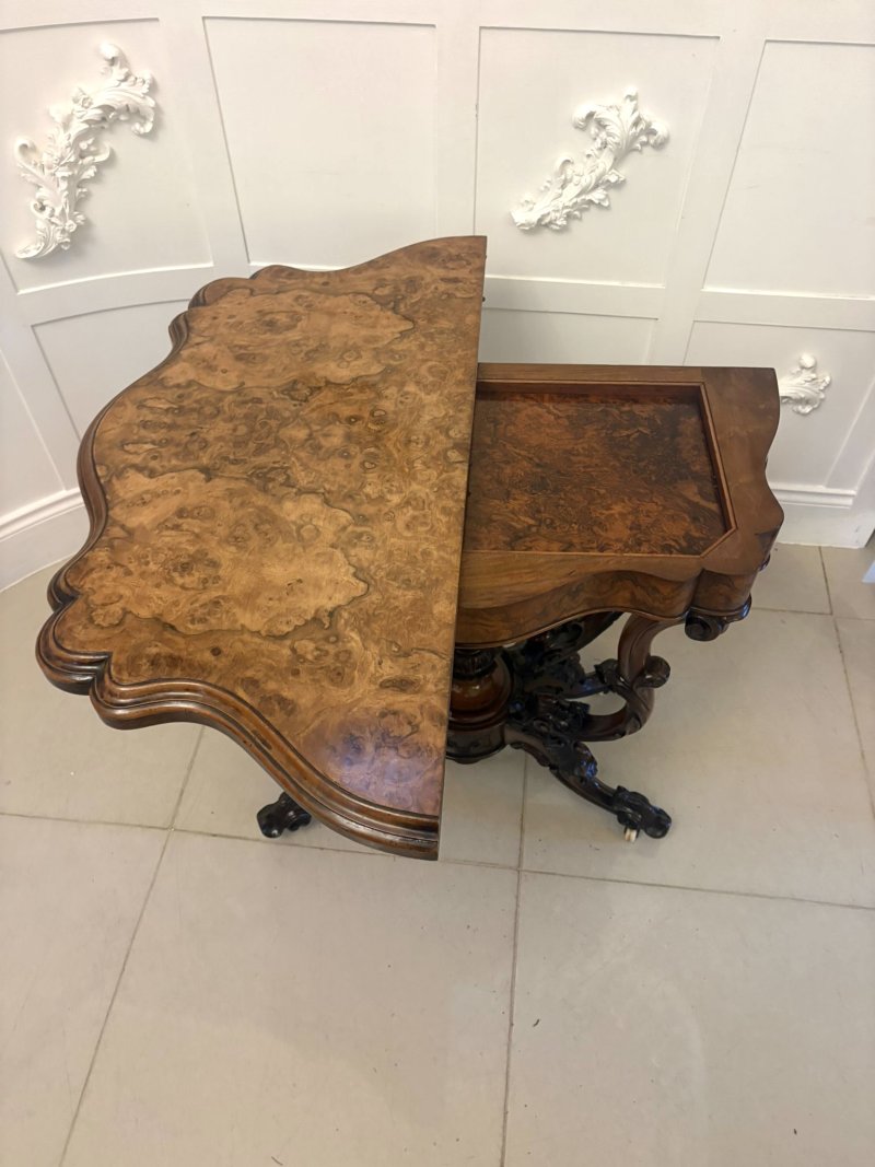 Antique Exceptional Quality Victorian Burr Walnut Card Table/Console Table with Carved Basket Base - Image 5